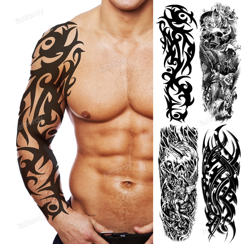 full arm temporary tattoos large totem tribal big sleeve tattoo sticker  body art sexy dragon tiger lion king tattoo designs men | Shopee Malaysia