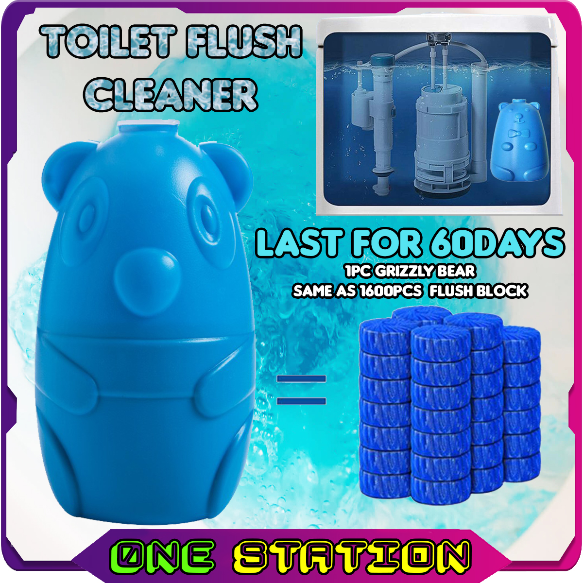 0NE STATION Toilet Flush Toilet Bowl Cleaner Blue Grizzly Bear Cleaner