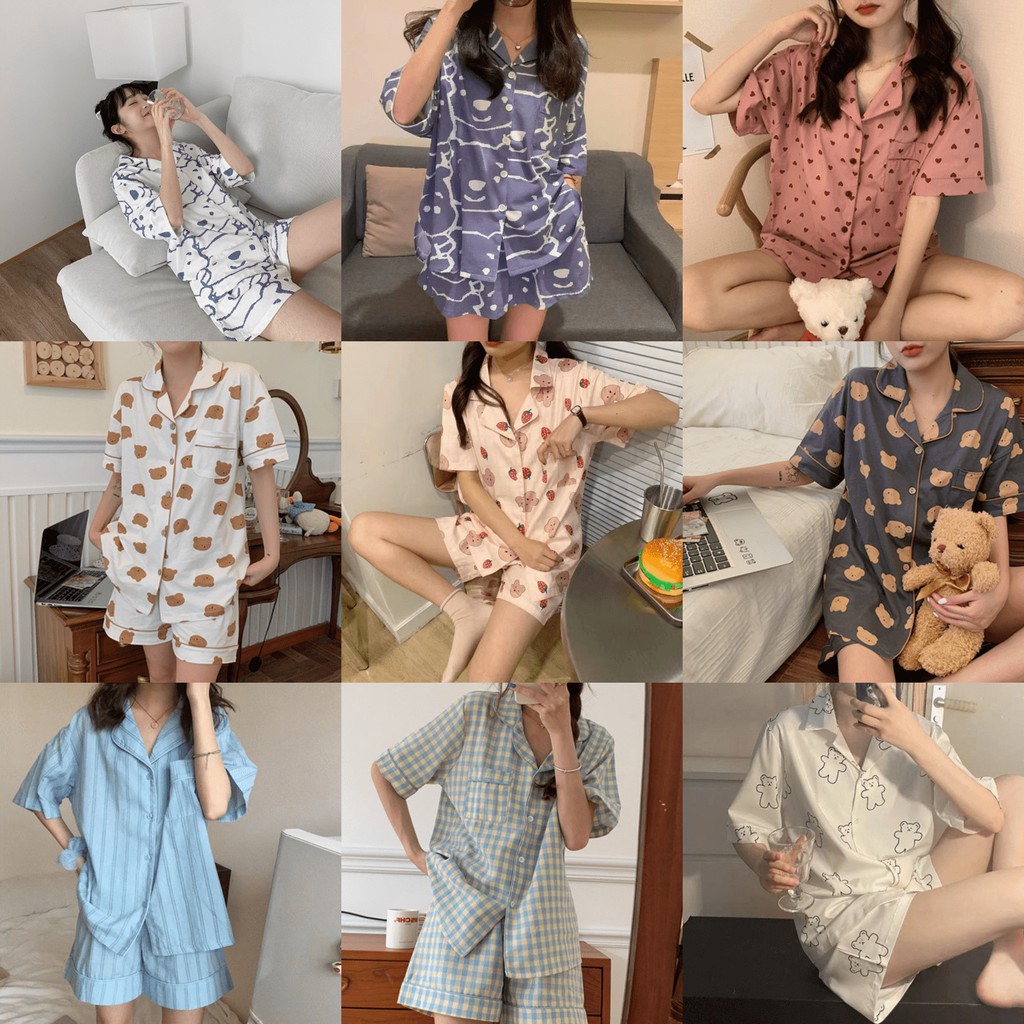 Ready Stock Cute Cartoon Cotton Pajamas Pyjamas Soft Fabric Comfortable Casual Loose Sleepwear Nightwear Baju Tidur P1