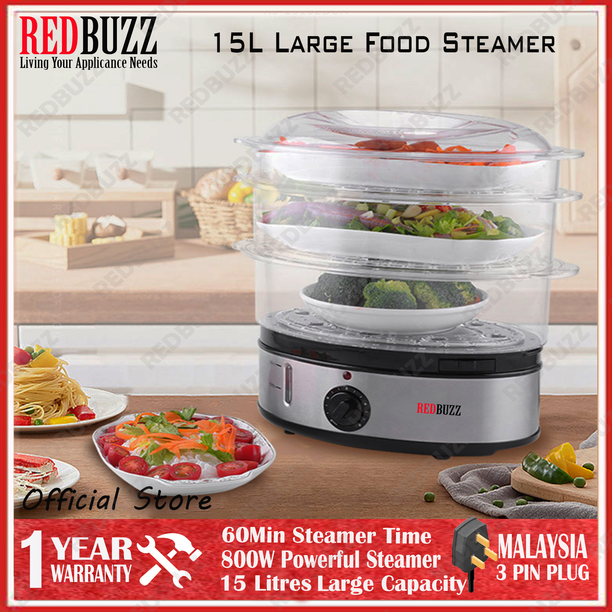 REDBUZZ Food Steamer 15L Large Capacity Electric 800W Vegetable Rice