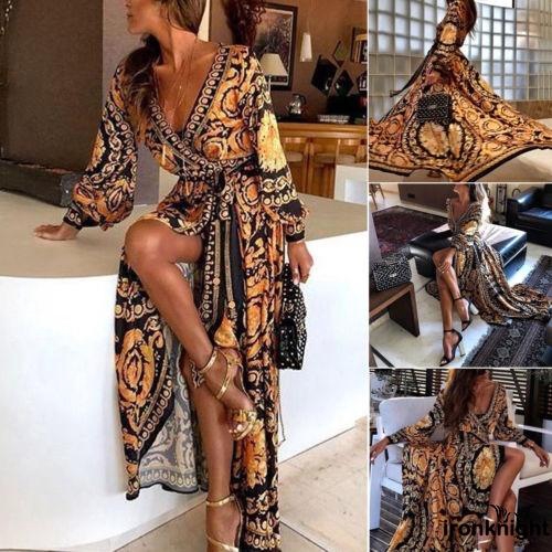 IGM-Women´s Autumn Boho Floral Long Sleeve Long Maxi Dress Party Beach
