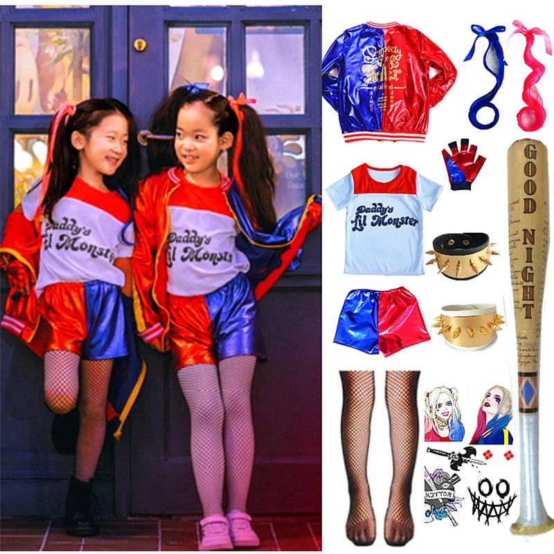 Girls Harley Quinn Cosplay Costumes Suicide Squad Monster Kids Jacket Pants Sets Inflatable baseball bat Suit Birthday Party Dress Kindergarten art performance Suit
