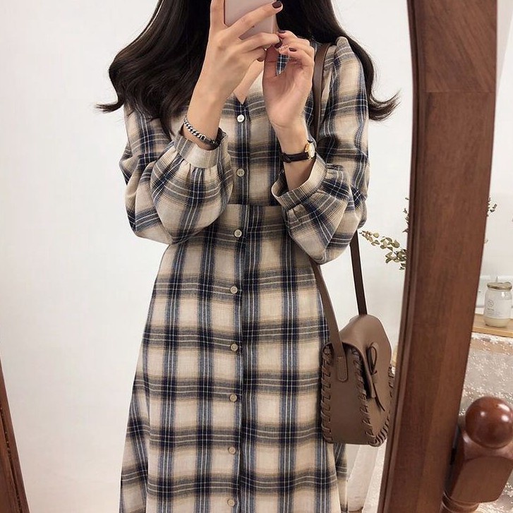 checkered long sleeve dress