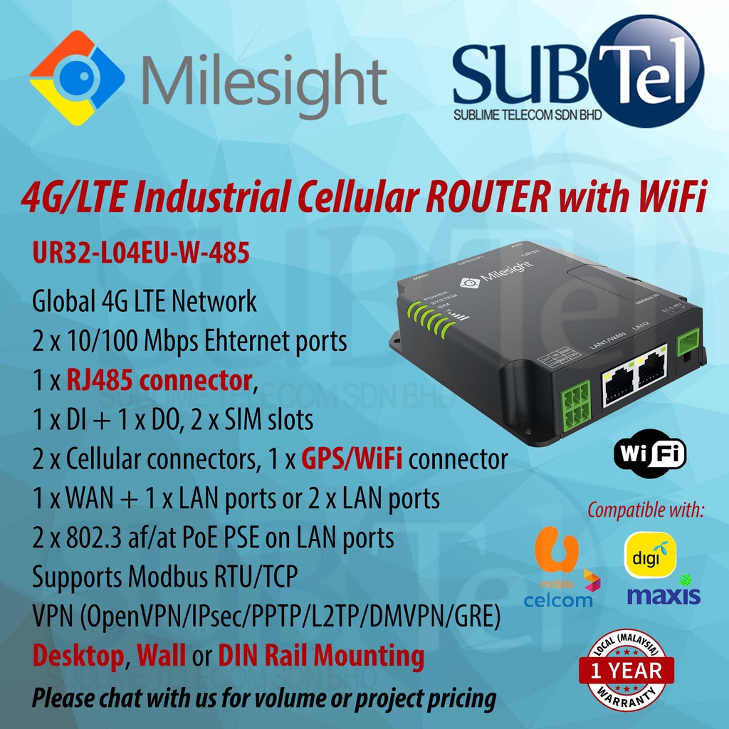 Milesight UR32-L04EU-W-485 4G LTE Industrial Cellular Router Pro UR32 ...