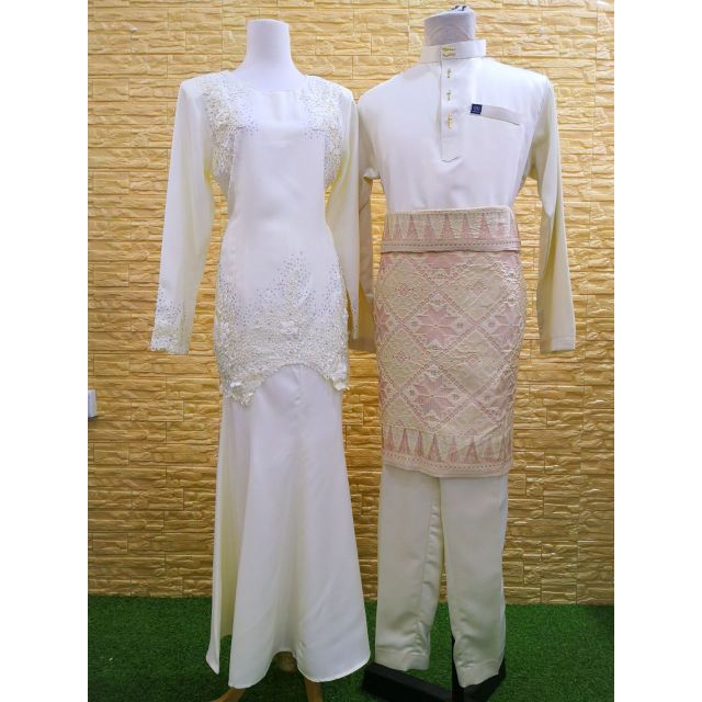 Couple Baju Nikah Warna Cream Dan Offwhite Kurung Lace