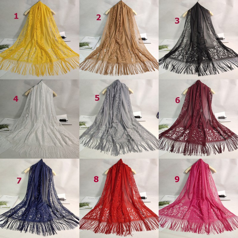 Lace Silk Scarf Ladies Pure Color Hollow Jacquard Tassel Scarf Indoor Shawl Travel Sunscreen Scarf Long Women Shawl