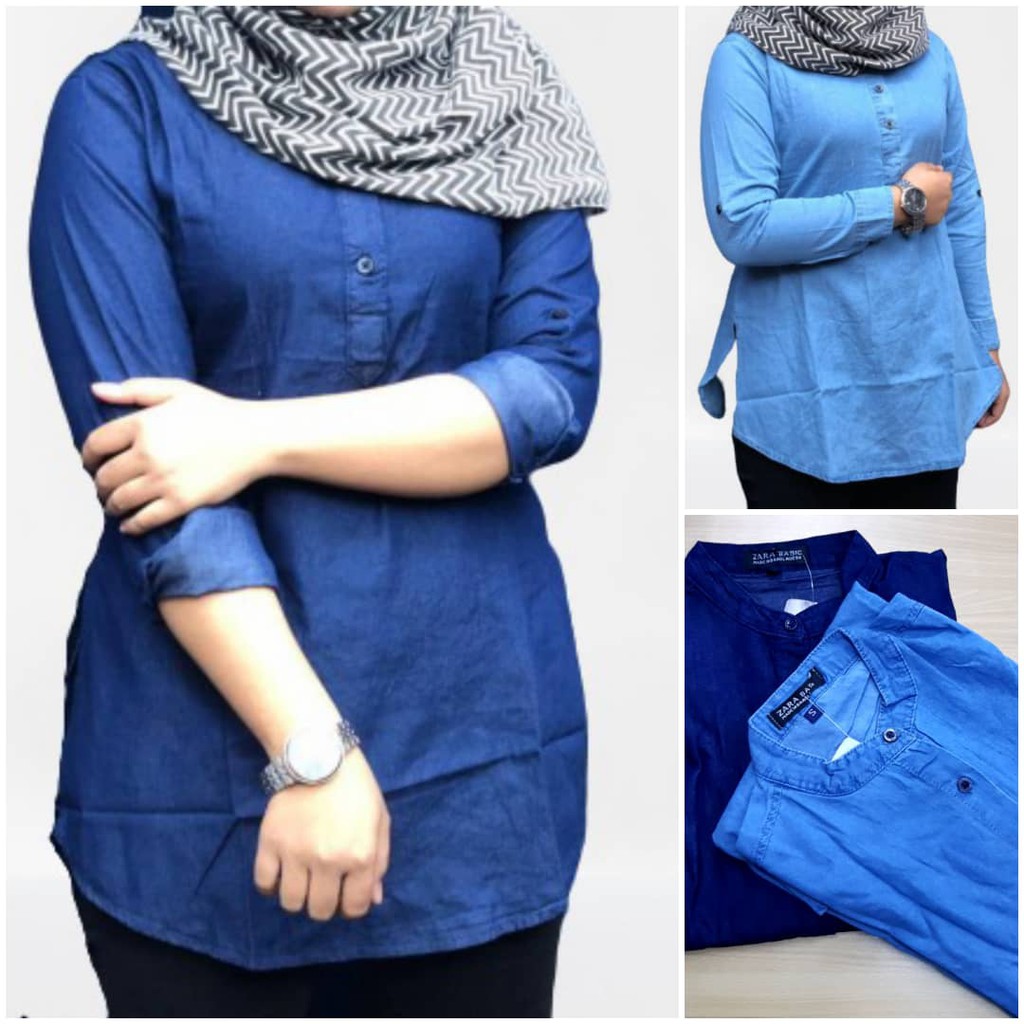 Women Casual Denim Baju  Muslimah Blouse  Half  Button Stand 