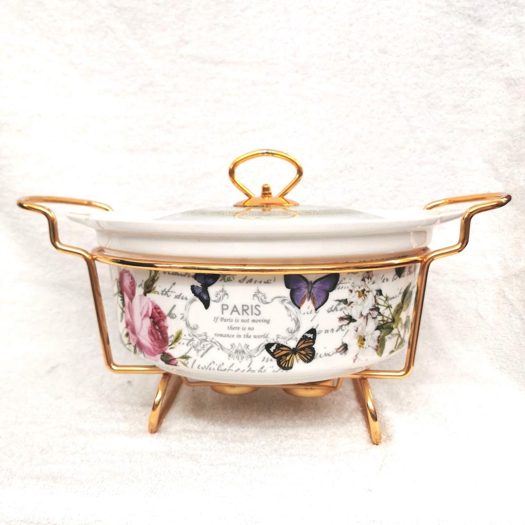 QUEEN KITCHEN 14" Porcelain Round Casserole with Gold Stand / Buffet Set / Food Warmer / Party Set CX003 PINK ROSE