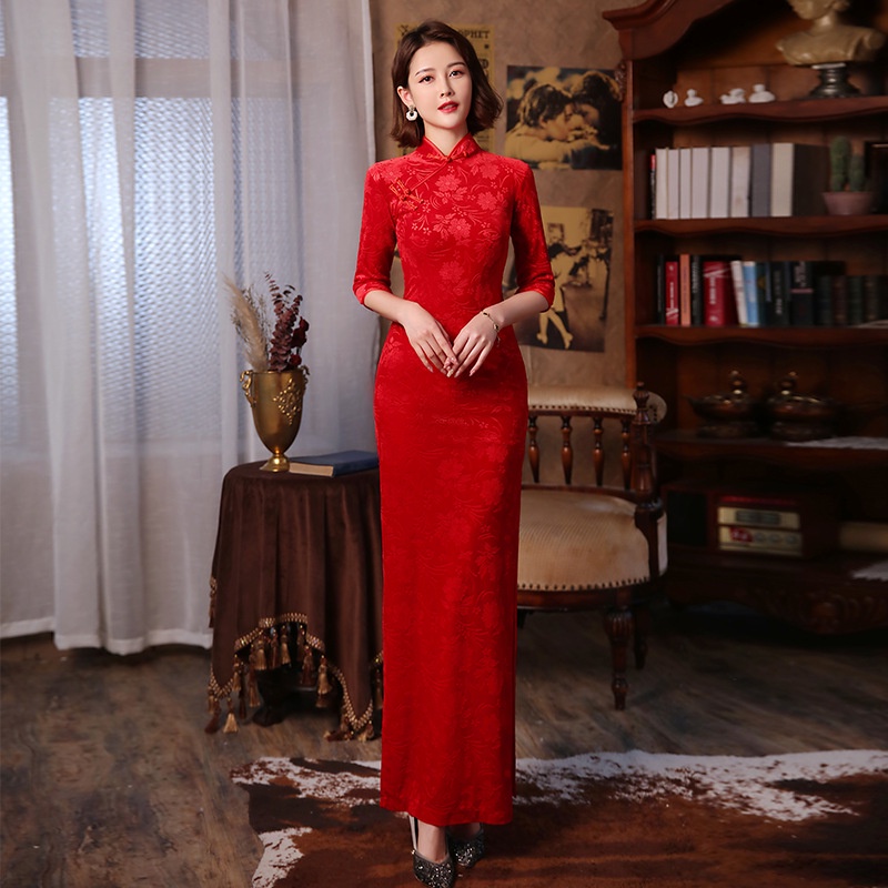 Red 3/4 Sleeve Long Cheongsam Velvet Slim Mother Dress Elegant Traditional Evening Dresses Plus Size Qipao