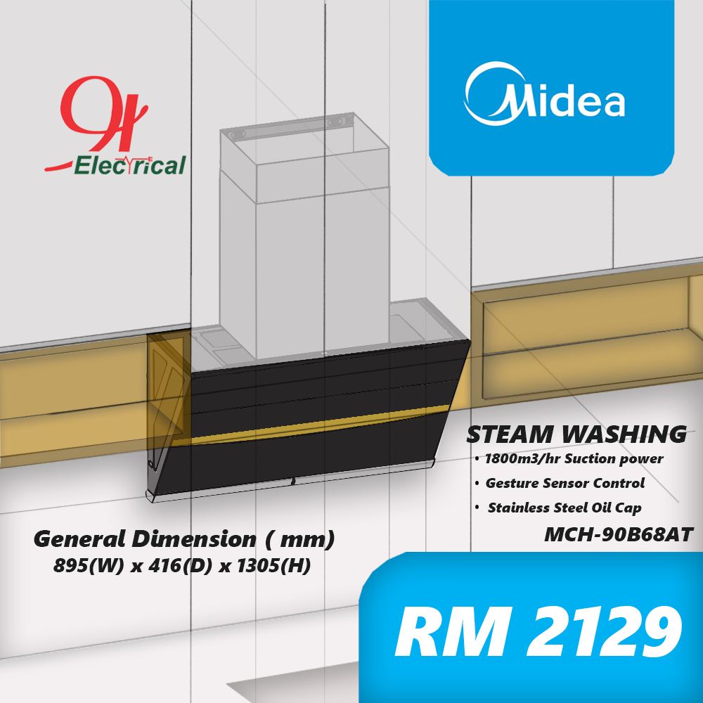 MIDEA PREMIUM COOKER HOOD WITH STEAM CLEANING MCH-90B68AT 1800M3/HR WITH GESTURE CONTROL