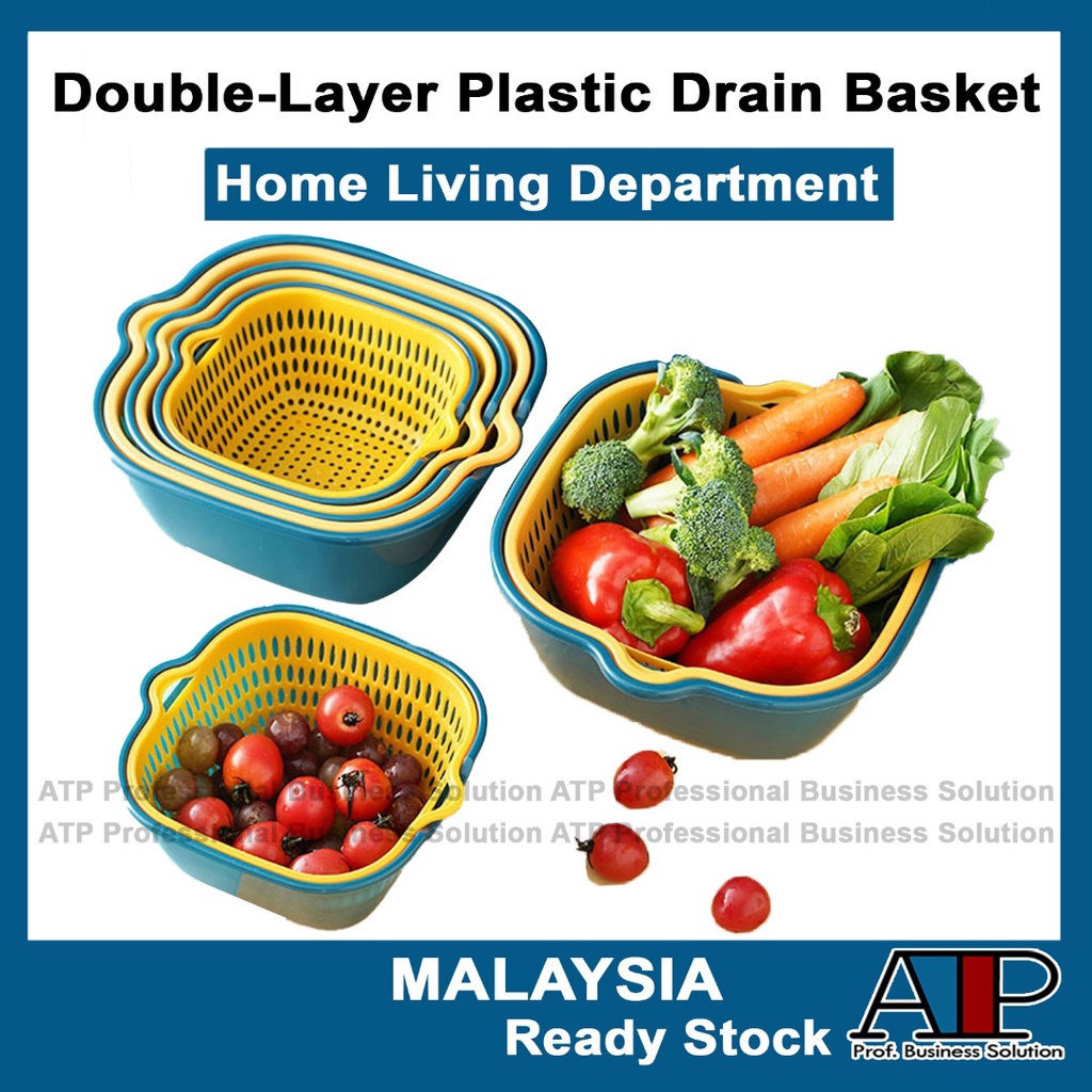 Pantry Double Drain Storage Basket Drain Basket Bowl Fruit Vegetable Washing Colander Baskets Holder Kitchen Strainer