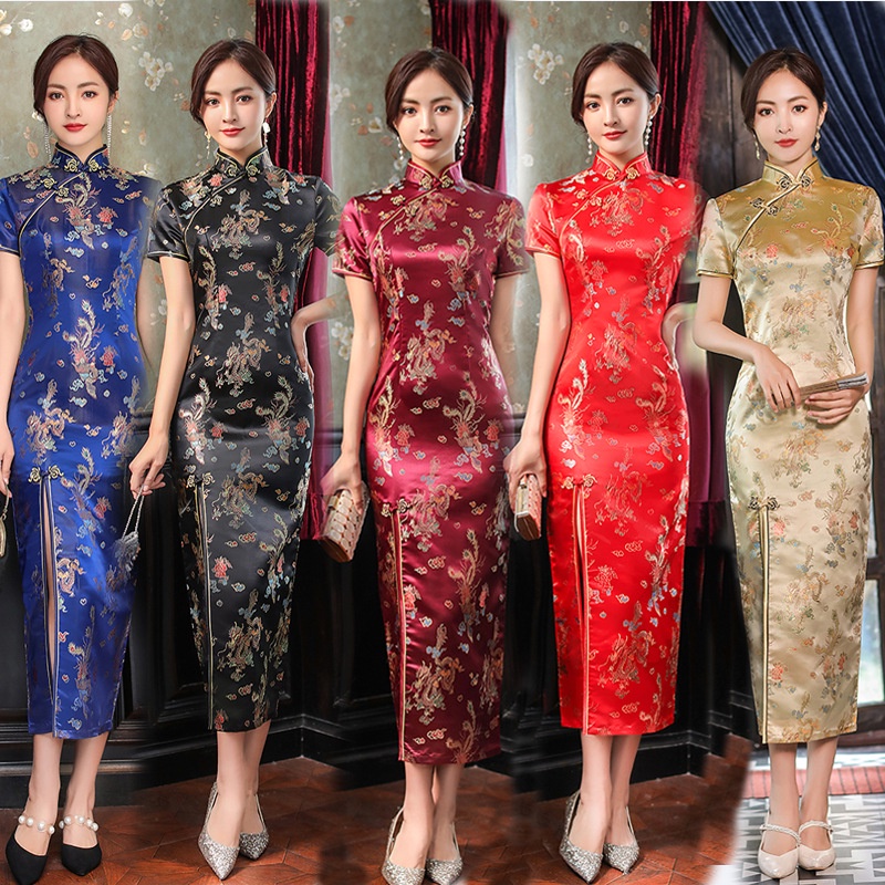 Women Cheongsam Dress Vintage  Chinese Traditional Short Sleeve Dresses Floral Slim Dress Qipao