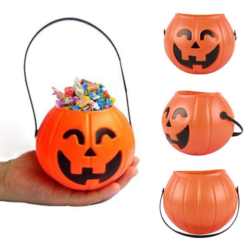 Halloween Pumpkin Bucket Lantern Light Plastic Orange Candy Pail Treat Trick