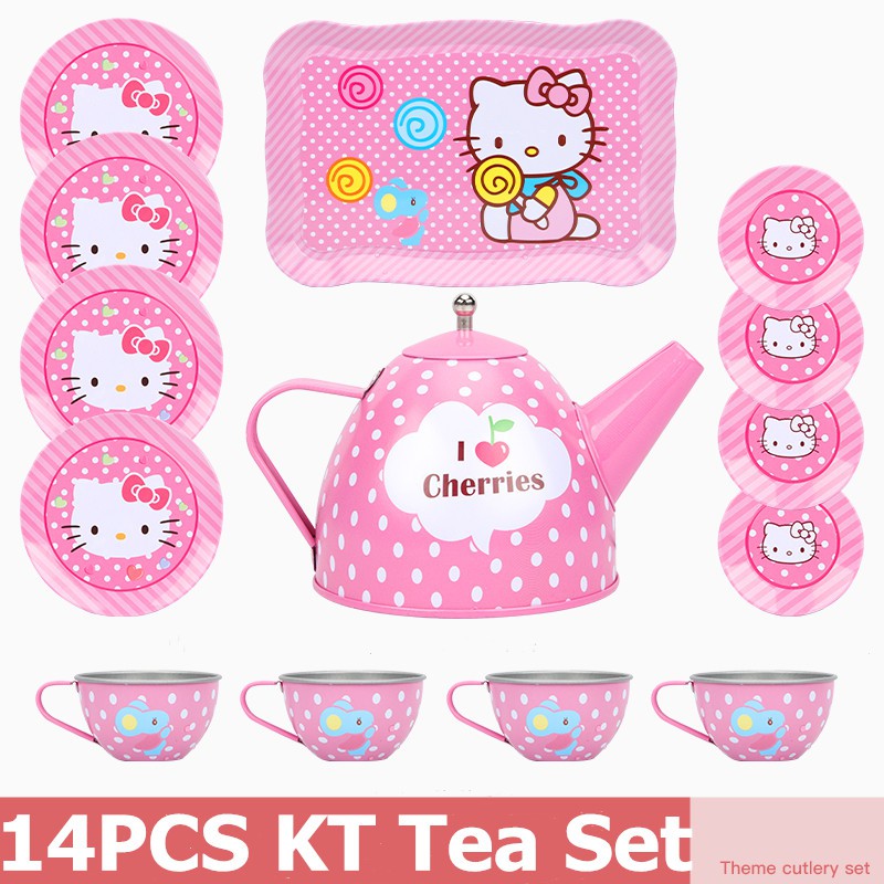 JUNXAVE 24 Piece Princess Pretend Tin Teapot Set with a Carrying Case & Desserts for Tea Time Party and Kids Kitchen Pretend Play 