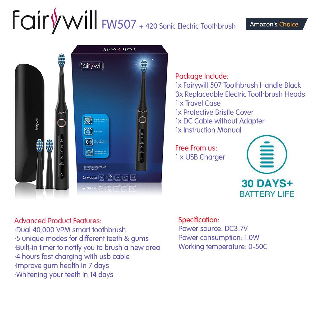 Fairywill Fw 507 4 Black Rechargeable Sonic Electric Toothbrush With 5 Modes Smart Timer 30 Days Use Shopee Malaysia