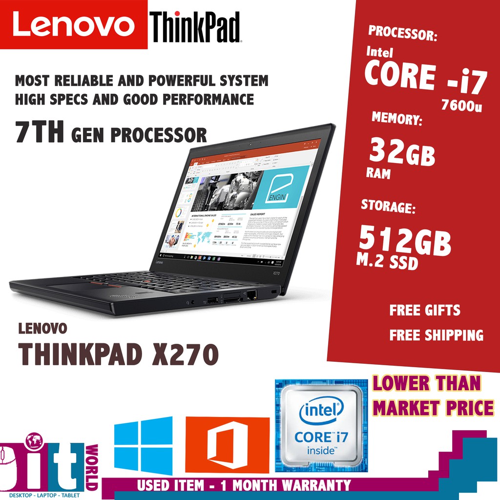 LENOVO THINKPAD X270 - MOST RELIABLE - CORE I7-7TH GEN - 16GB RAM