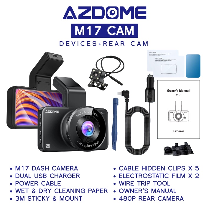 【AZDOME】M17 Dash Cam Car Recorder 1080P Full HD Rear Cam Night Vision ADAS Parking Mode App Access Wide Angle Dash Cam