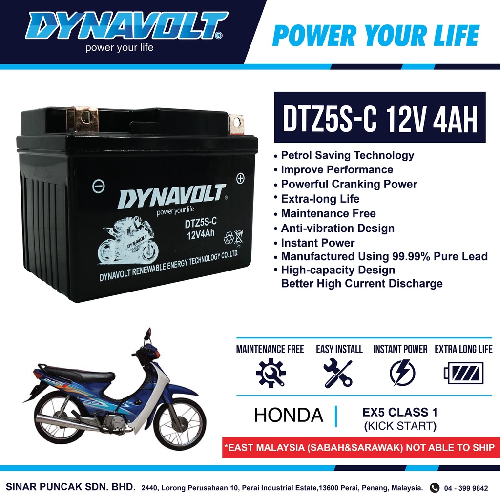 Honda EX5 Class (Kick start) Dynavolt Battery DTZ5S-C 12V 4Ah | Shopee ...