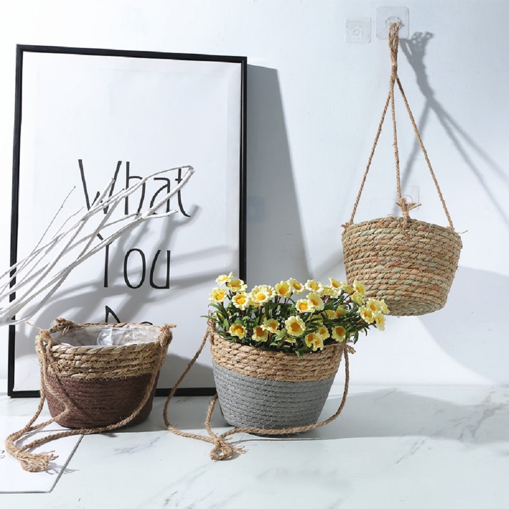 1 Pcs Straw Wall Hanging Flower Basket Rattan Hanging Basket Hanging Retro Hemp Rope Woven Hanging Pot