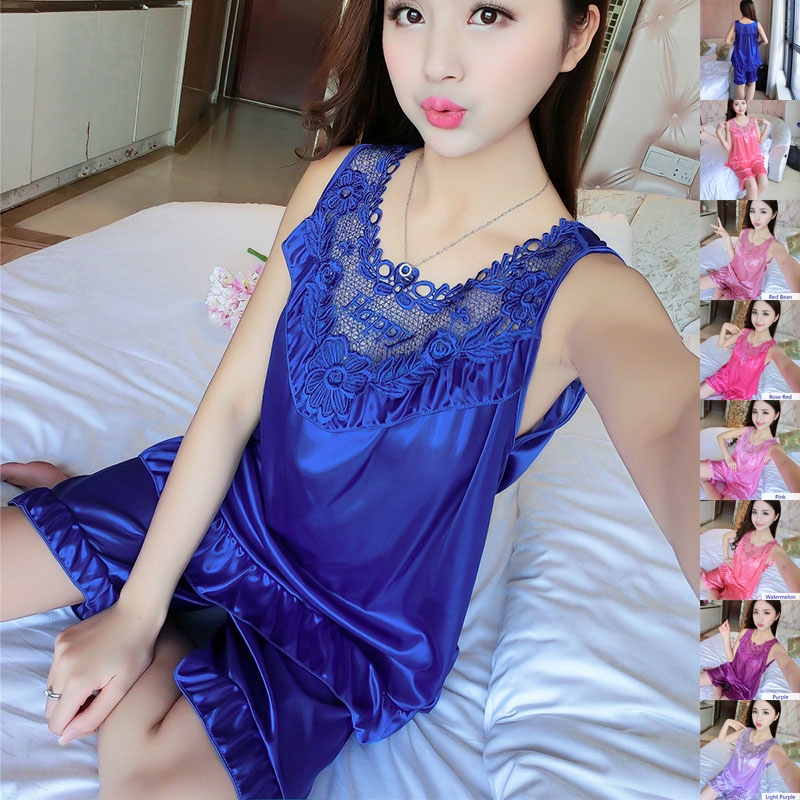 Summer Ice Silk Satin Pajamas Women Sleeveless Shorts Pajamas Set Sexy