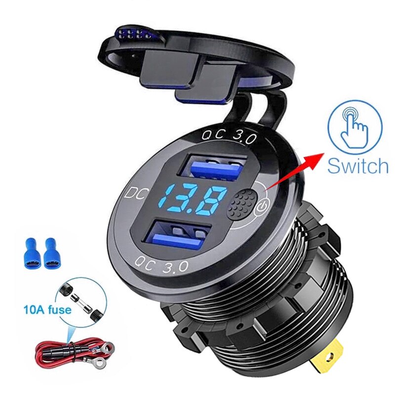 QC 3.0 Dual USB 36W Car Charger Socket with Cable Waterproof Fast Charge Power Outlet for 12V-24V Motorcycle Boat Marine Truck ATV