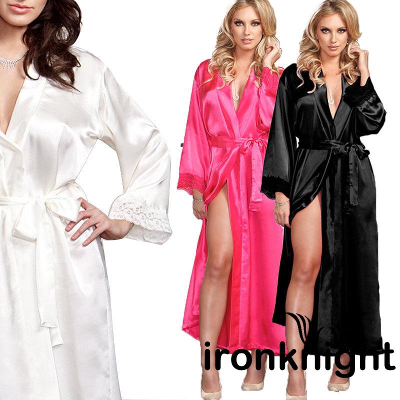 ♛✐✽Women Sexy Long Silk Kimono Dressing Gown Bath Robe Babydoll Lingerie Nightdress Gift