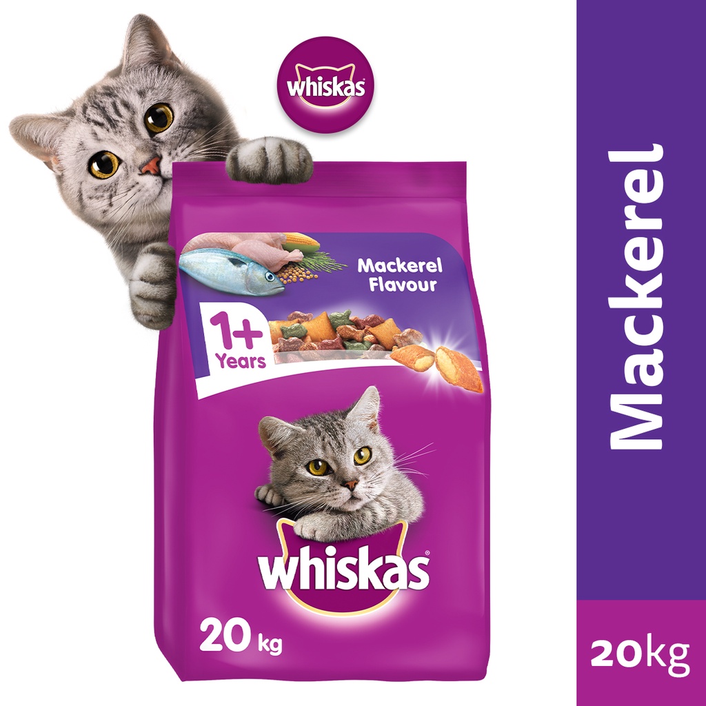 WHISKAS Cat Food Mackerel Flavor, 20kg. Complete and Balanced Cat Dry