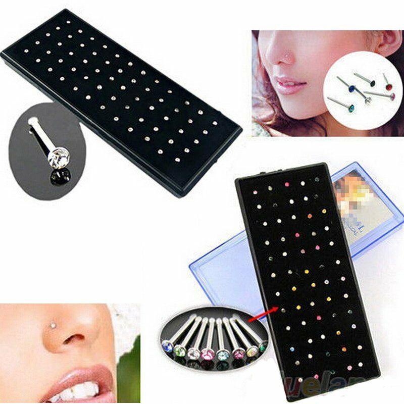 60/24pcs Crystal Rhinestone Nose Ring Bone Stud Stainless Steel Body Piercing Earrings Gift