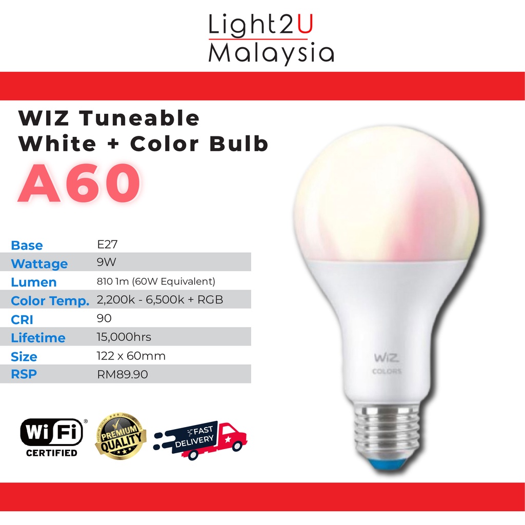 Philips Wiz 9W A60 Tunable White + Color Bulb [16 Million Colours