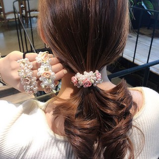 發圈发圈发绳Korean Beaded Hair Scrunchie Ponytail Hair Tie Sweet Pearl Elastic Hair Rubber Band Pearl Flower Hair Rope Hair Accessories