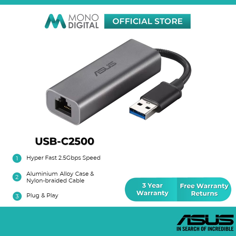 Asus USB-C2500 USB Type-A Ethernet Adapter 2.5G Base-T 2.5Gbps Wired ...