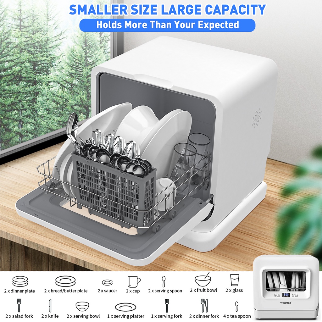 785W Automatic Countertop Dishwasher Disinfecting Cabinet  2/3 Place Setting Desktop 5 Washing Programs Dish Washer Machine UK/US Plug