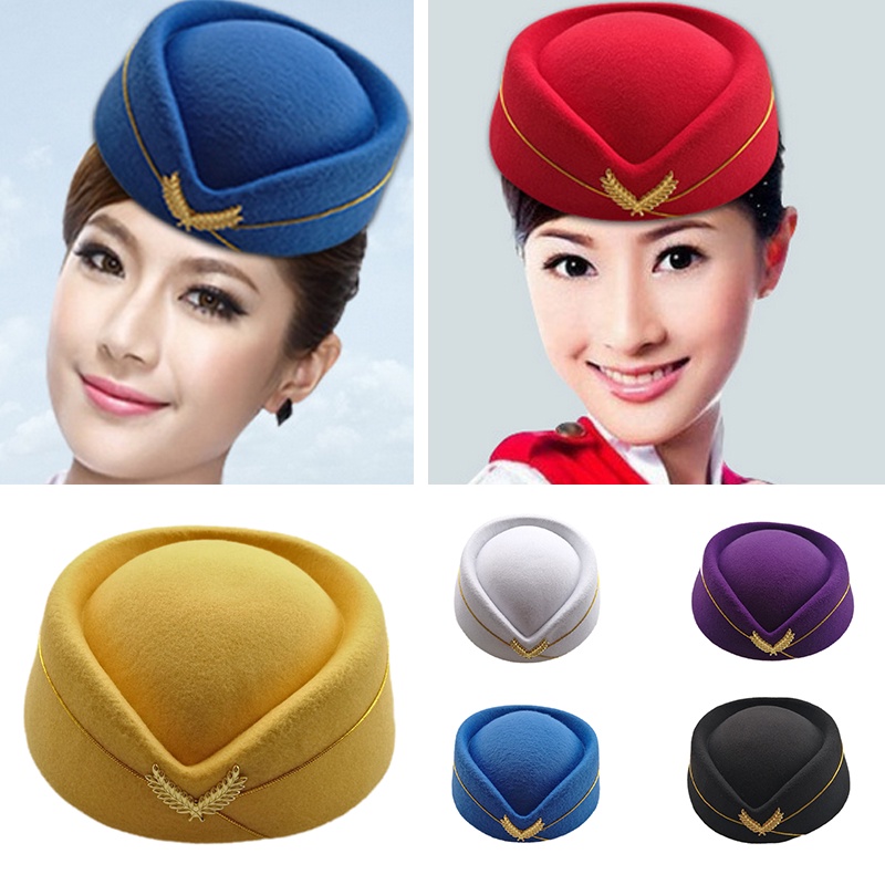 Wool Felt Pillbox Air Hostesses Beret Hat Base Cap Airline Stewardess Sexy Formal Uniform Hat Caps Accessory