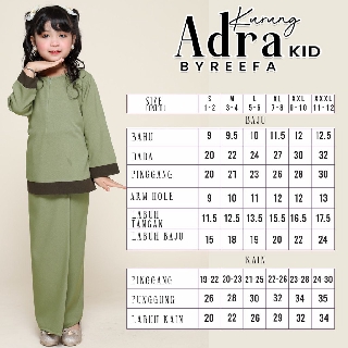 Baju Kurung Kedah Kanak kanak ADRA Warna Green Tea Size Baju Kurung Kedah Kanak kanak ADRA Warna Green Tea Size
