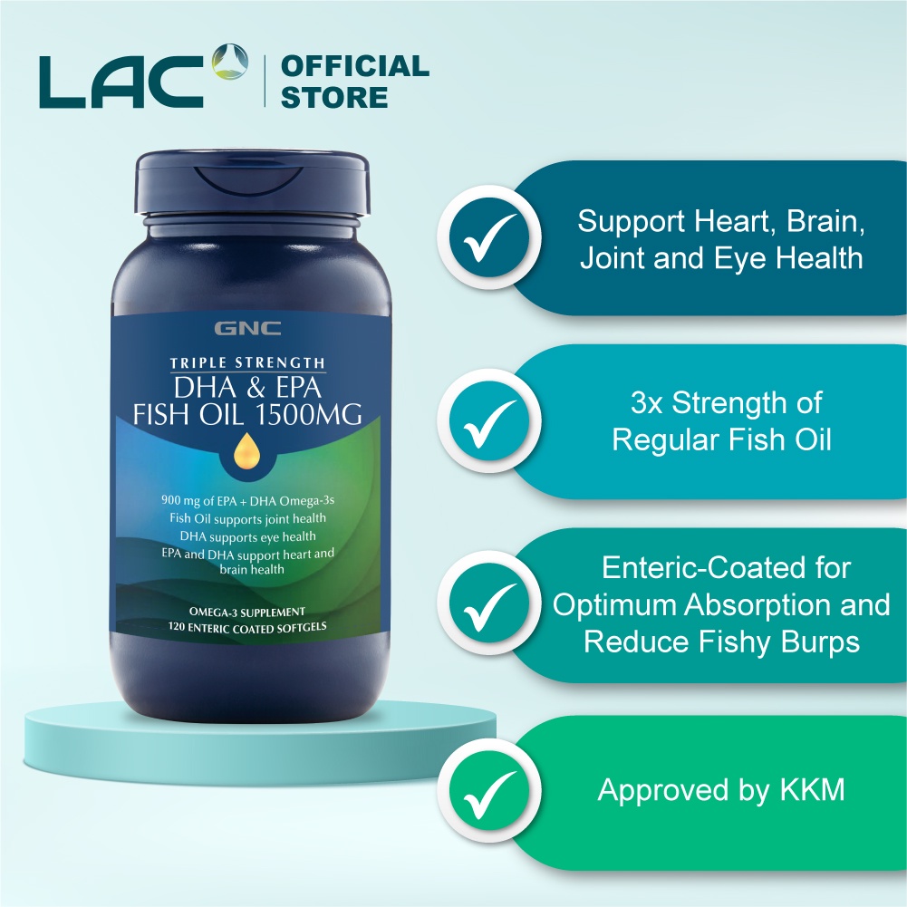 GNC Triple Strength DHA & EPA Fish Oil Enteric Coated Softgels (1500mg