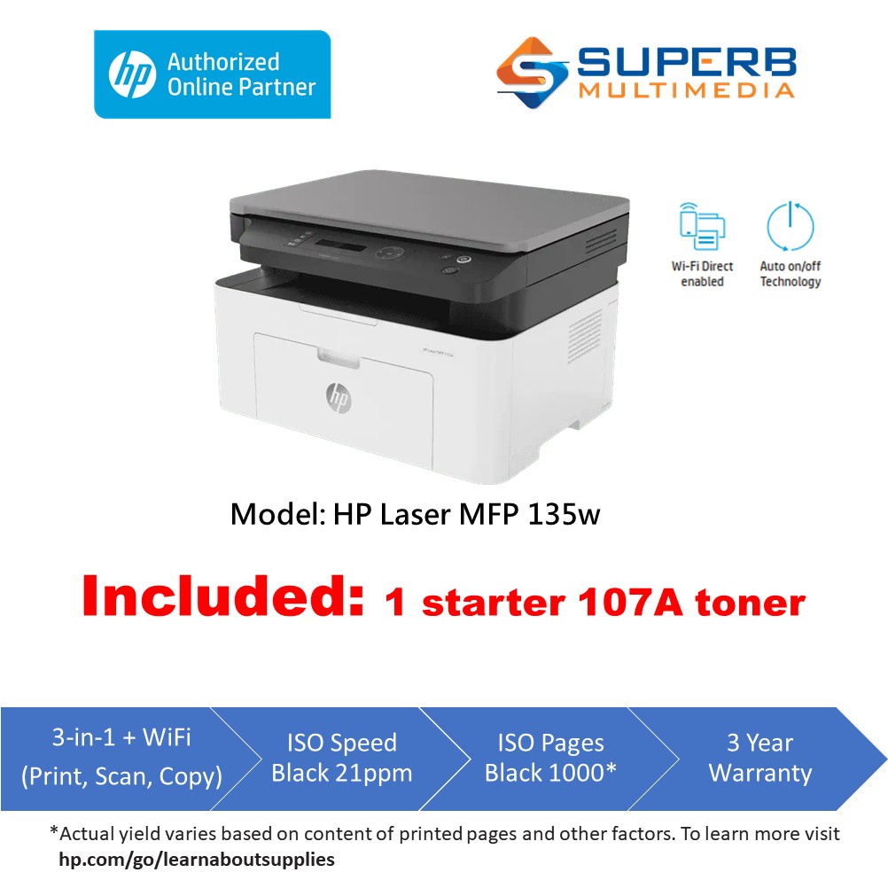 HP Laser MFP 135w Printer (Print, Scan, Copy, WiFi)