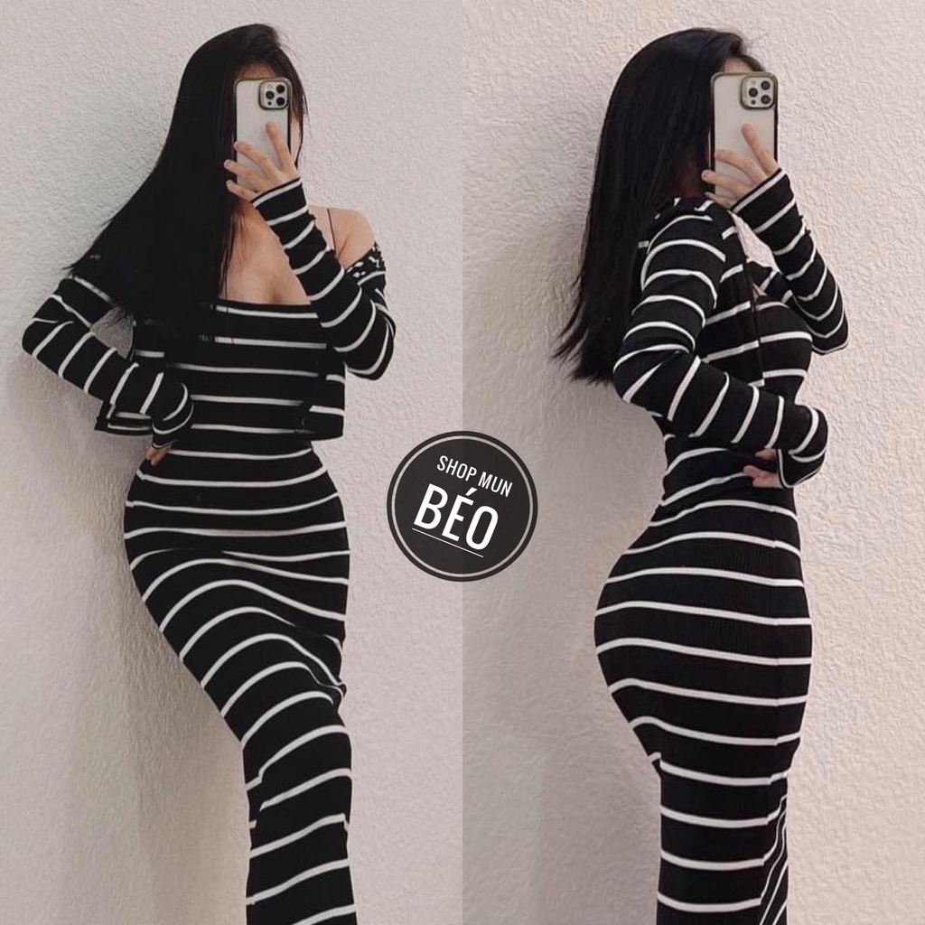 [NEW Model] Long Striped Dress Set with Jacket Striped Ribbed Elastic Suitable for Wearing to Party, Work and Going Out