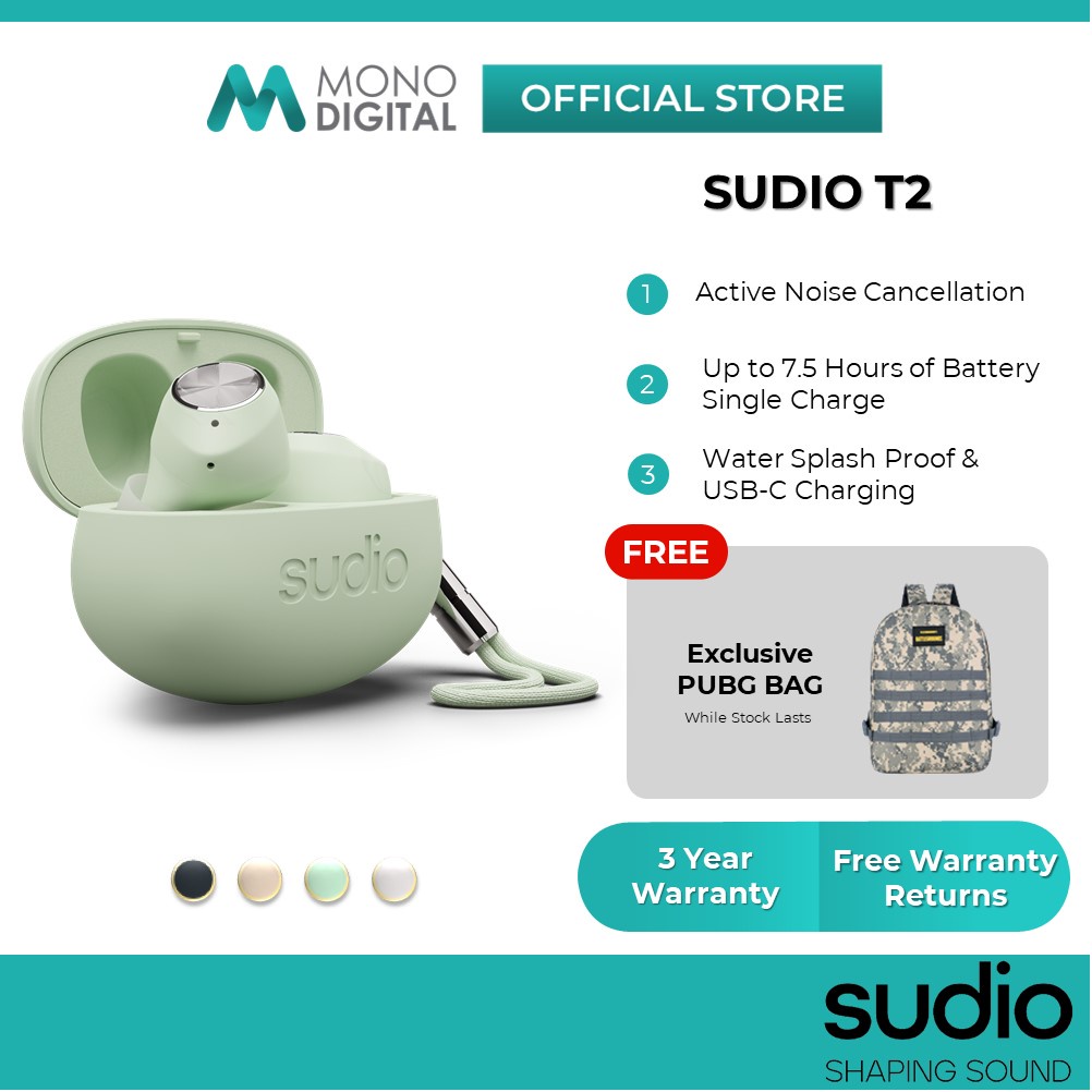 Sudio T2 Active Noise Cancellation True Wireless Water Splash Proof Earbuds (Free PUBG Bag)