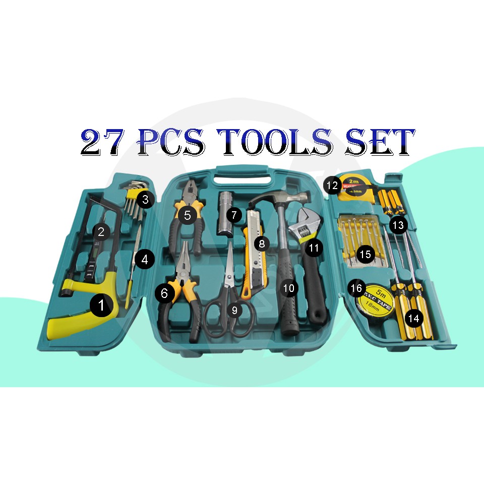 27 in 1 Hardware Hand Tools Set Kit with Box (Plier Screwdriver Saw