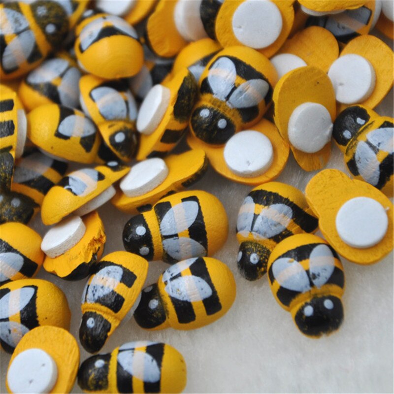 100PCS Mini 9x12mm Bees Self Adhesive Wooden Bumble Bee Craft Card Wood Toppers 