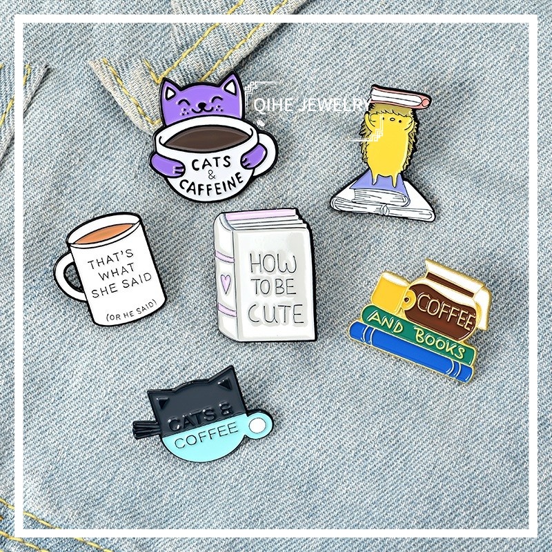 Coffee and Book Enamel Pin Cat Cafe Reading Badge Custom Hedgehog Brooches Lapel pin Jeans shirt Bag Cute Animal Jewelry Gift