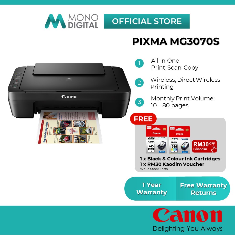 Canon Pixma MG3070S Low Cost Cartridges All-In-One Low Cost Home Use Colour Printer Wireless Printer