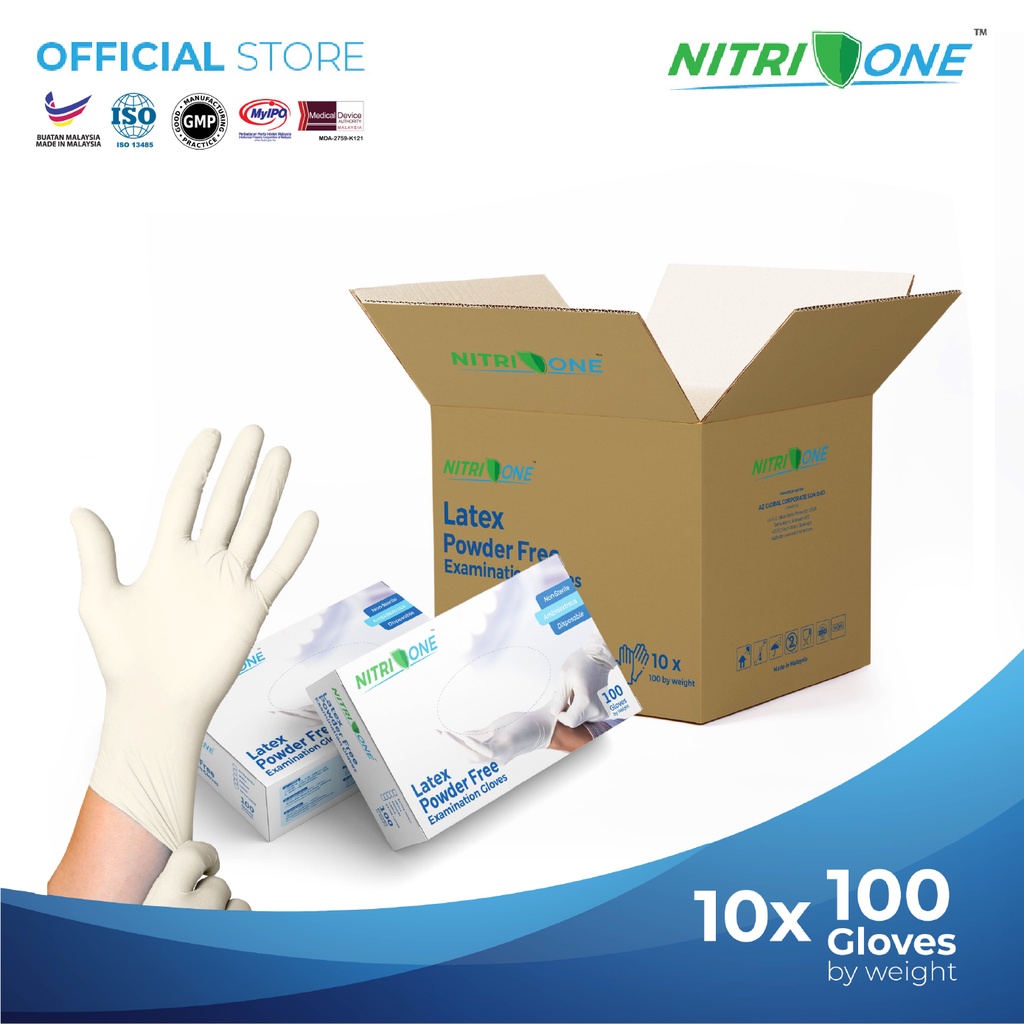 NitriOne Medical Latex Examination Gloves Powder Free (100 Pcs x 10 Boxes) 