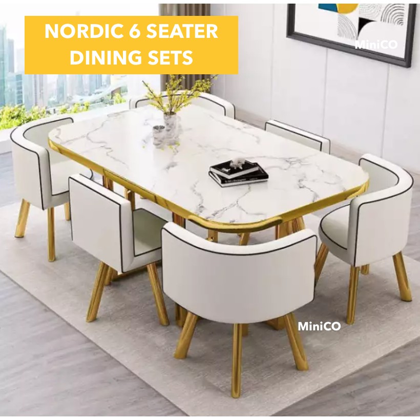 Nordic Design Premium 6 Seater Modern Dining Set with Dining Table with 6 Chairs Meja Makan Set