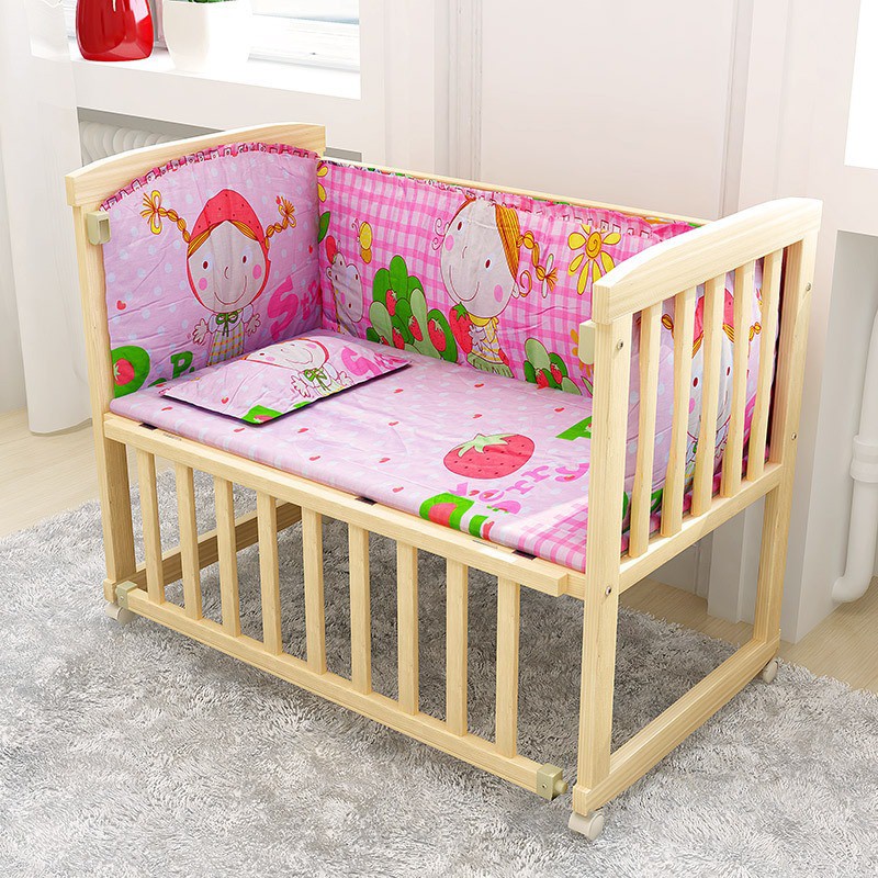 2 In 1 Natural Wooden Baby Cot Rocking Cradle Bed With Wheels