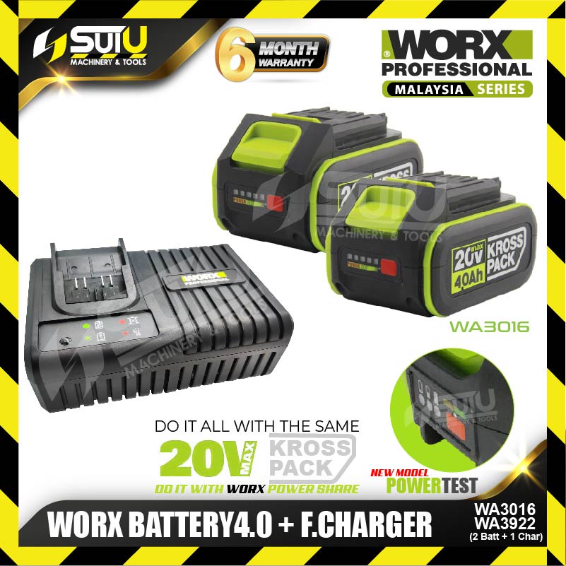 [READY STOCK, ORIGINAL] WORX WA3016 20V 4.0Ah Kross Pack Battery & WA3922 6.0A Fast Charger 160W