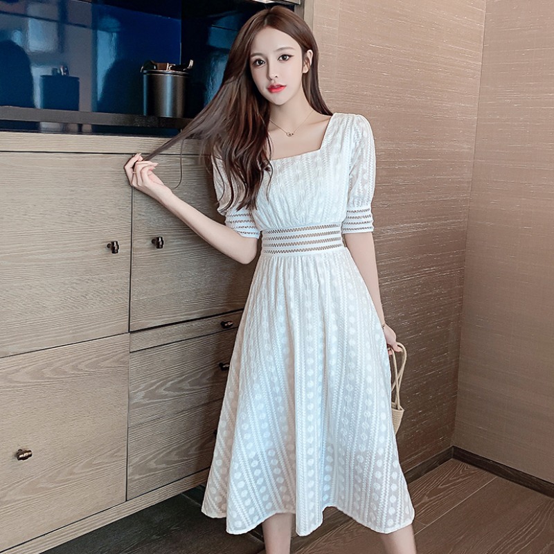 Korean Style Women Ladies Summer Short Sleeve Slim Square Neck Cotton Embroidery Flower Maxi Long Dress Ready Stock New