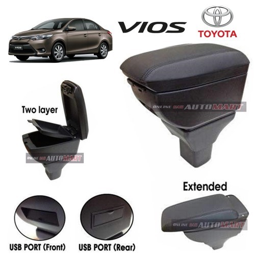 Toyota Vios 2014 PVC Adjustable Armrest Center Console Box Black Leather 4 USB