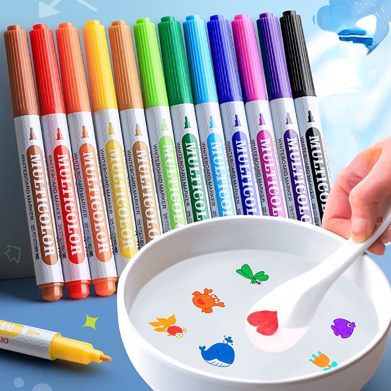 12pcs Children's Magical Water Painting Pen Floating Doodle Pen Colorful Mark Pen Whiteboard Markers Water Drawing Early Education Toy