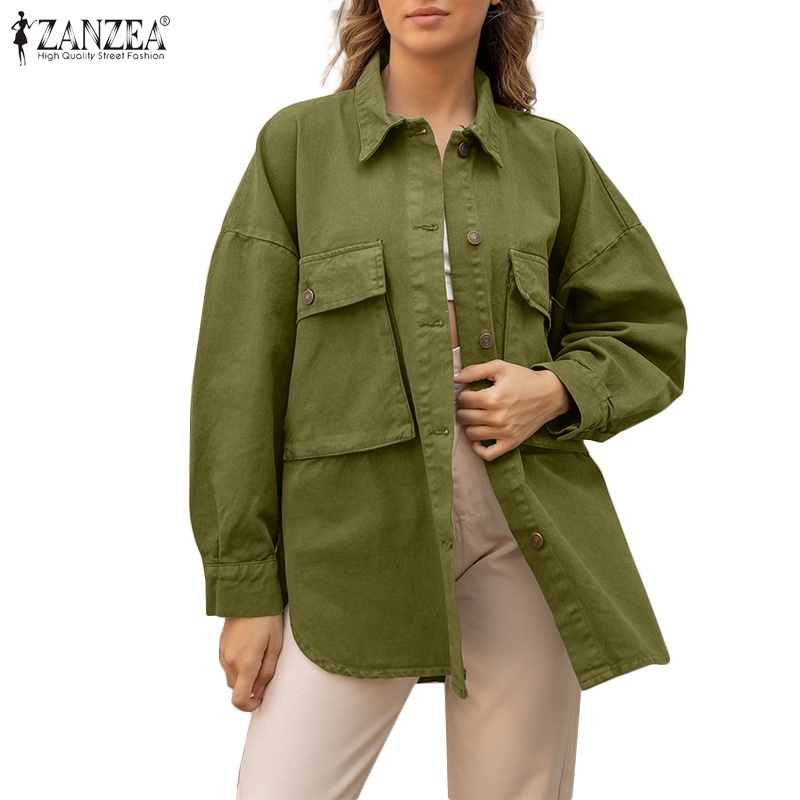 ZANZEA Women Street Fashion Long Sleeve Turn-Down-Collar Solid Color Open Front Casual Jacket